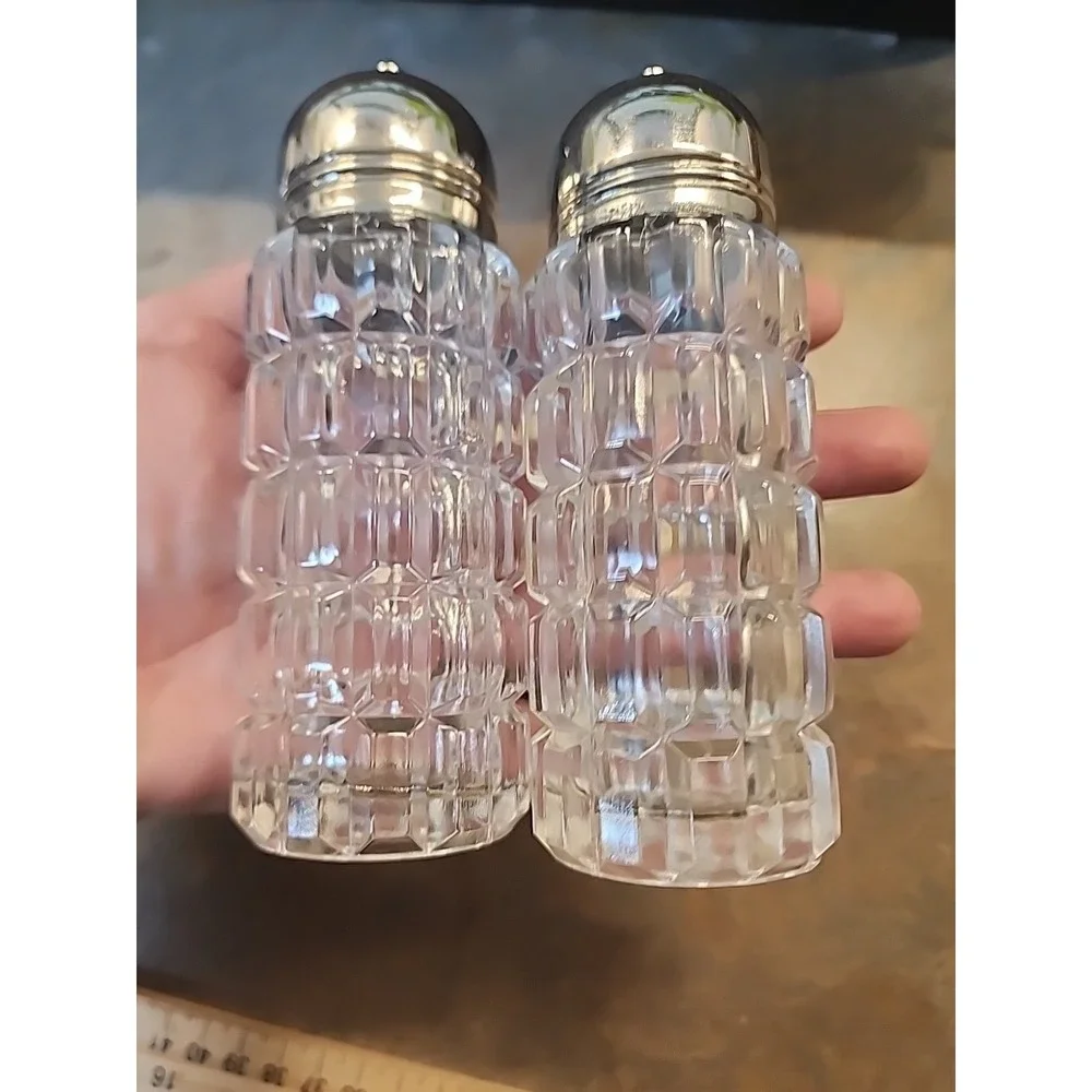 Vtge Tall Shakers Set Press Glass Metal Caps Square Rectangle Design